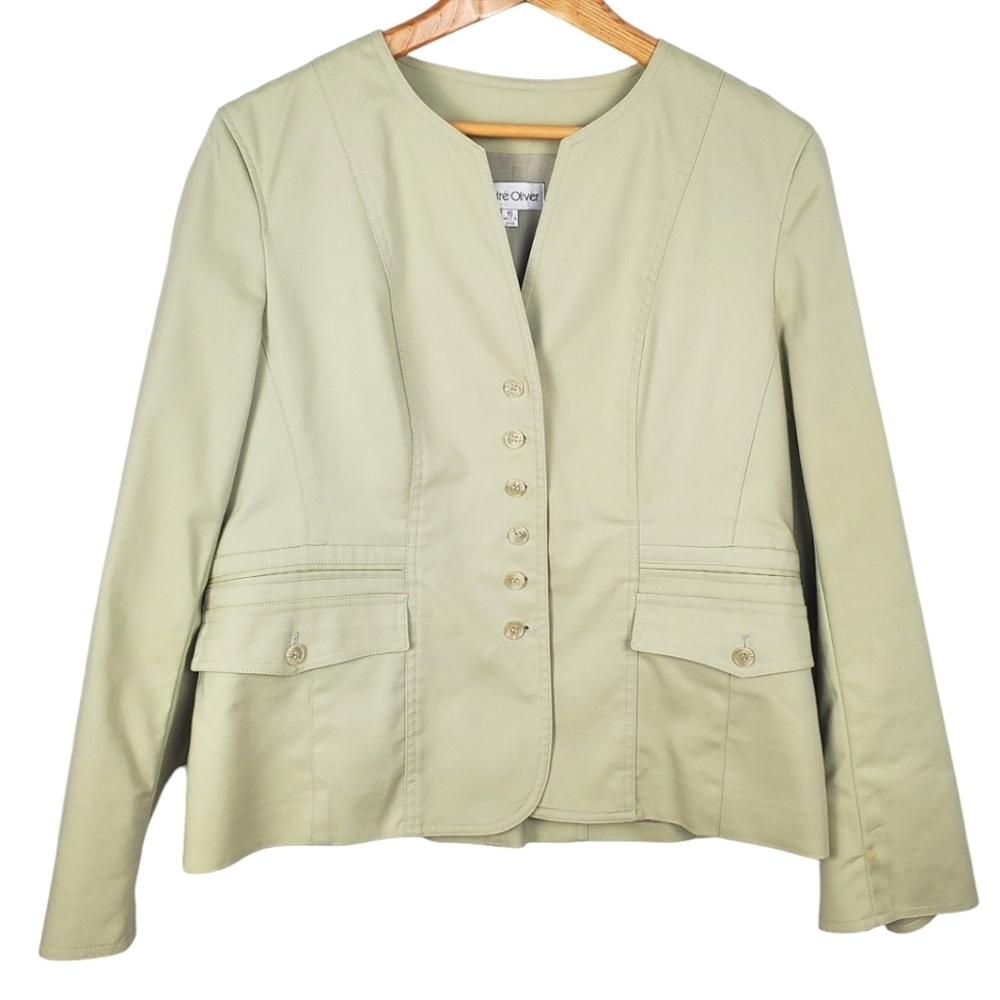 Andre Oliver women's button front, stretch, lightweight jacket. Green. 16. #321